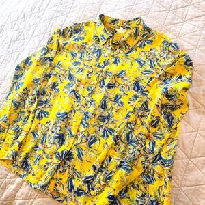 Club Monaco Silk Floral Shirt Women's L Yellow Blue Print Spring Classic Summer